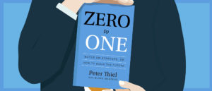 illustration of a man holding the book Zero to One which is about building a start up or the future.